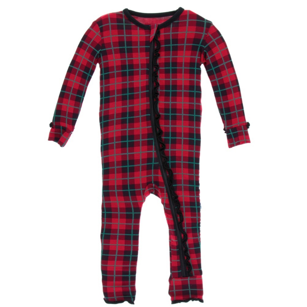 Kickee Pants Red Plaid Ruffle Bamboo Zip One Piece